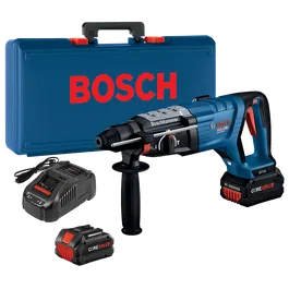 Bosch BULLDOG GBH18V-28DC rotary hammer, battery charger, and two CORE18V. 8Ah batteries in a blue case.