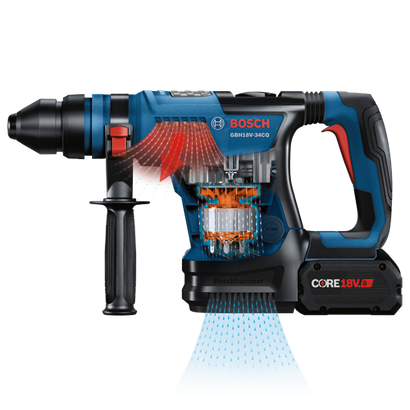 Bosch GBH18V-34CQ Boschhammer, with CORE18V 8Ah battery.
