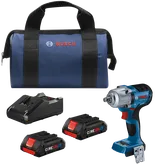 Bosch GDS18V-330C impact wrench, CORE18V 4.0 Ah batteries, charger and bag.