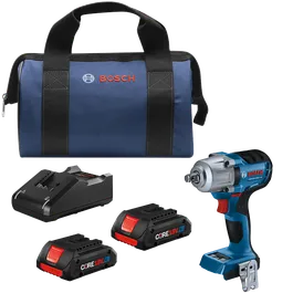 Bosch GDS18V-330C impact wrench, CORE18V 4.0 Ah batteries, charger and bag.