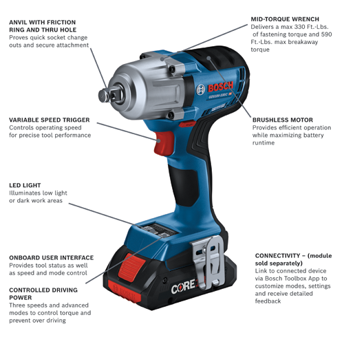 Bosch GDS18V-330C HD Mid-Torque Wrench with Anvil, Variable Speed Trigger, Brushless Motor, LED Light, Onboard User Interface, and Controlled Driving Power.