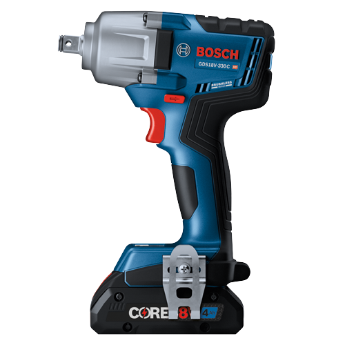 Bosch GDS18V-330C HD, brushless motor, cordless impact wrench, with Core 8V 4Ah battery.