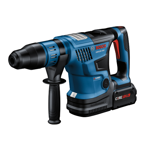 Bosch GBH18V-36C cordless rotary hammer, with CORE18V 8 Ah battery. Includes "BITURBO BRUSHLESS" and "Boschhammer" labels.