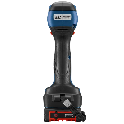EC BRUSHLESS MOTOR power tool with a black and blue body, a black handle, a red and black base with "On" button, and the word "BOSCH" imprinted on the strap.