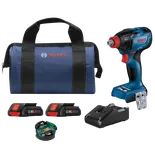 Bosch GDX18V-1860C HD brushless motor impact driver, CORE18V.4Ah batteries, charger, and a blue bag with "BOSCH" logo.