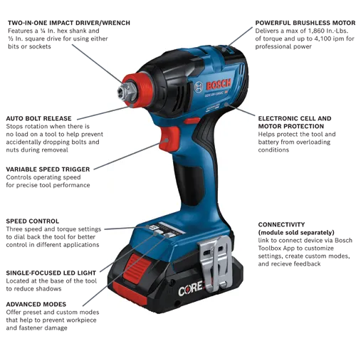 Bosch GDX18V-1860C HD impact driver/wrench, with 1/4 In. hex shank and 1/2 In. square drive; max 1,860 In.-Lbs. torque, and up to 4,100 ipm.