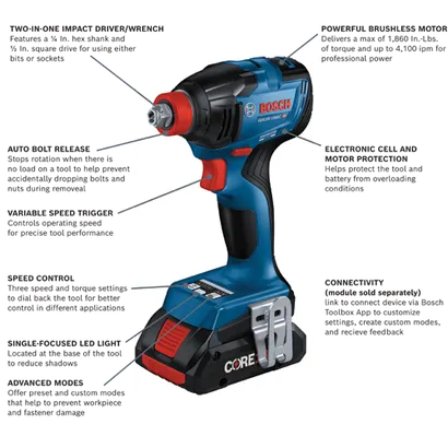 Bosch GDX18V-1860C HD impact driver/wrench, with 1/4 In. hex shank and 1/2 In. square drive; max 1,860 In.-Lbs. torque, and up to 4,100 ipm.