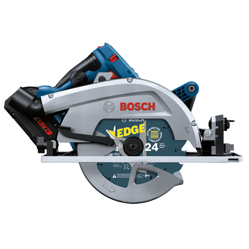 Bosch cordless saw with "EDGE" blade, "OPTIMIZED FOR MORE CUTS", 24 teeth, and "18V 8Ah" battery.