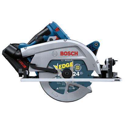 Bosch cordless saw with "EDGE" blade, "OPTIMIZED FOR MORE CUTS", 24 teeth, and "18V 8Ah" battery.