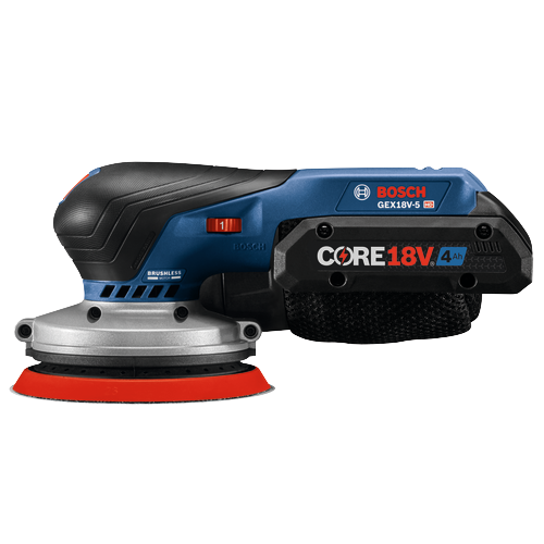Bosch GEX18V-5 HD random orbit sander, CORE18V 4Ah battery.