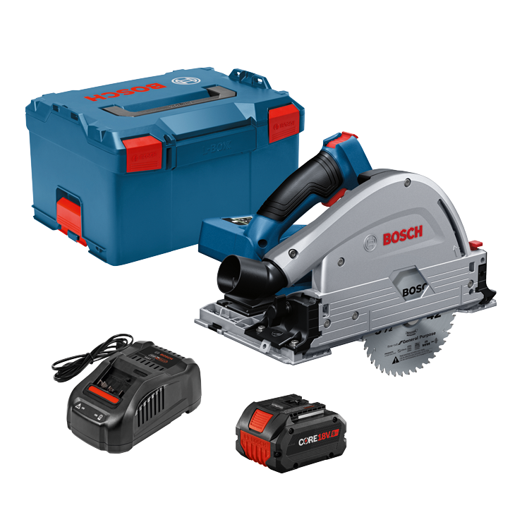 Bosch cordless track saw kit with tracksaw, battery, charger and hard case.