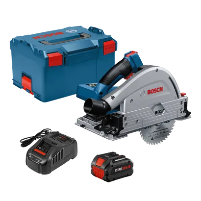 Bosch cordless track saw kit with tracksaw, battery, charger and hard case.