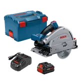 Bosch cordless track saw kit with tracksaw, battery, charger and hard case.