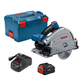Bosch cordless track saw kit with tracksaw, battery, charger and hard case.
