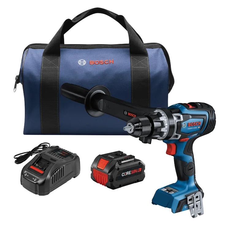Bosch GSB18V-1330C HD drill, CORE18V battery, charger and blue bag, with "BOSCH" logos.