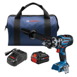 Bosch GSB18V-1330C HD drill, CORE18V battery, charger and blue bag, with "BOSCH" logos.