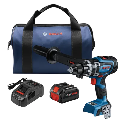 Bosch GSB18V-1330C HD drill, CORE18V battery, charger and blue bag, with "BOSCH" logos.