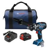 Bosch GSB18V-1330C HD drill, CORE18V battery, charger and blue bag, with "BOSCH" logos.