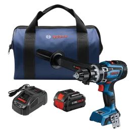 Bosch GSB18V-1330C HD drill, CORE18V battery, charger and blue bag, with "BOSCH" logos.