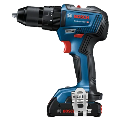 Bosch GSB 18V-490 HD cordless drill, with "BRUSHLESS MOTOR" and 2 Ah battery.