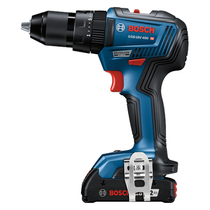 Bosch GSB 18V-490 HD cordless drill, with "BRUSHLESS MOTOR" and 2 Ah battery.
