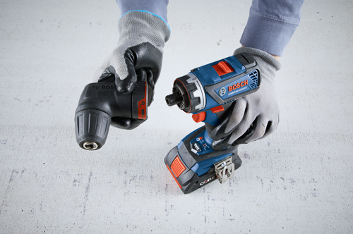 Bosch GSR18V-535FC drill, with a right-angle attachment, held by gloved hands.