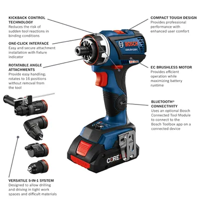 Bosch GSR18V-535FC cordless drill with compact tough design, EC brushless motor, and Bluetooth connectivity, with a versatile 5-in-1 system and kickback control technology.