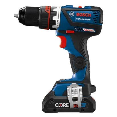 Bosch GSR18V-535FC cordless drill with CORE 5.0 Ah battery.
