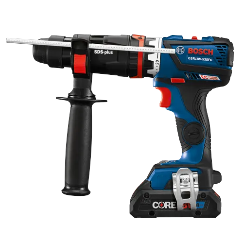 Bosch GSR18V-535FC SDS-plus drill with EC brushless motor, and CORE 4 Ah battery.