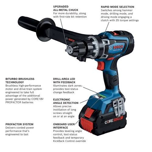 Bosch GSB18V-1330C HD drill, features include UPGRADED ALL-METAL CHUCK, RAPID MODE SELECTION, BITURBO BRUSHLESS TECHNOLOGY, DRILL-AREA LED WITH FEEDBACK, ELECTRONIC ANGLE DETECTION, PROFACTOR SYSTEM, ONBOARD USER INTERFACE, and CORE 18V battery.