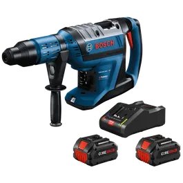Bosch GBH18V-45C HD BITURBO BRUSHLESS hammer drill with two CORE 18V 8Ah batteries and a charger.