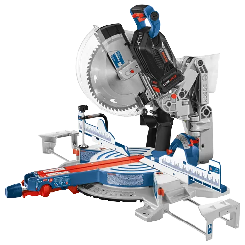 Bosch BITURBO Brushless miter saw with CORE18V 8Ah battery; has 0-45° left/right bevel range, max. bevel angle to 47°, with warnings.