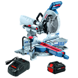 Bosch miter saw, with charger and CORE 18V battery. Visible text: "BOSCH", "CORE 18V 8Ah".