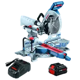 Bosch miter saw, with charger and CORE 18V battery. Visible text: "BOSCH", "CORE 18V 8Ah".