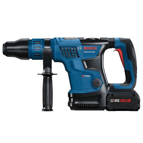 Bosch GBH18V-36C cordless rotary hammer, with BITURBO BRUSHLESS, and CORE18V 8 Ah battery.