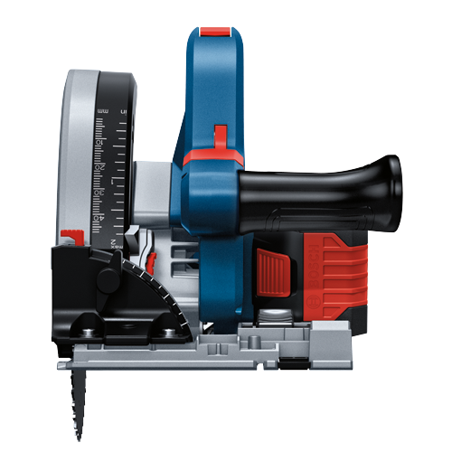 Bosch electric saw with measurements in "mm" and "in".