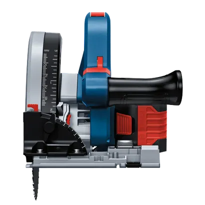 Bosch electric saw with measurements in "mm" and "in".