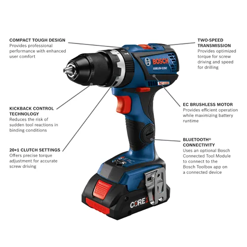 Bosch GSB18V-535C cordless hammer drill feature walkaround.