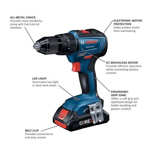 Bosch GSB18V-490 cordless drill with ALL-METAL CHUCK, LED LIGHT, ELECTRONIC MOTOR PROTECTION, EC BRUSHLESS MOTOR, ERGONOMIC GRIP ZONE, and BELT CLIP.