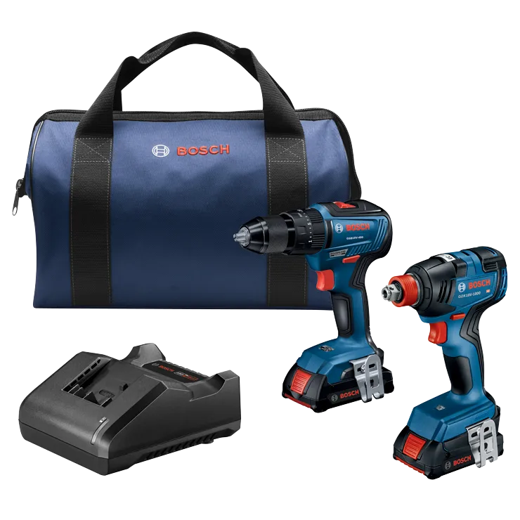 Bosch tool set including a bag, two cordless drills (GSB18V-490, GDX18V-1800), and a charger.