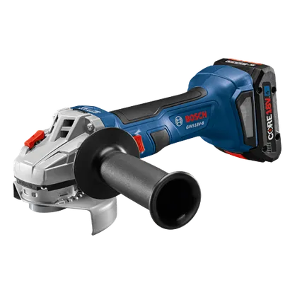 Bosch GWS18V-8 angle grinder with CORE18V 4 Ah battery.