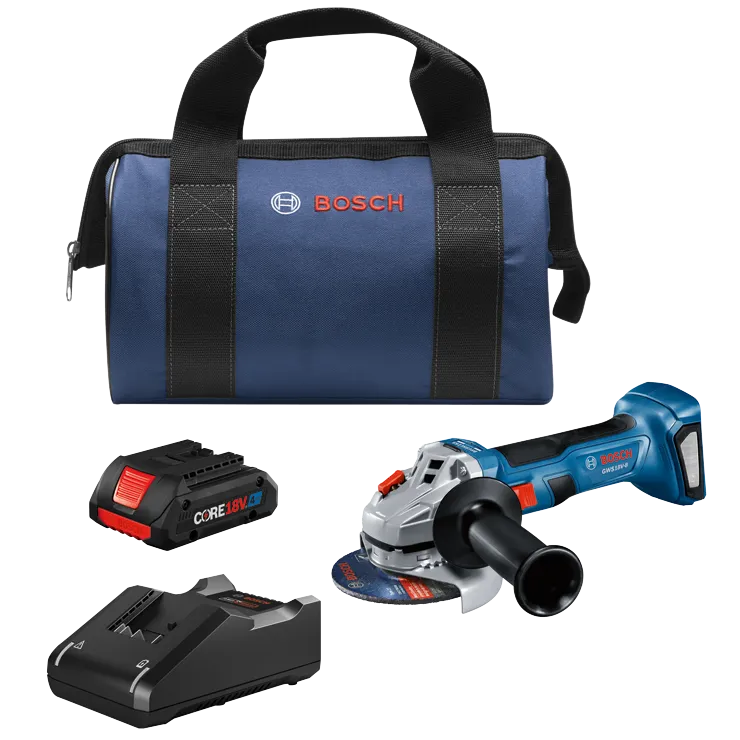 Bosch GWS18V-8 brushless angle grinder, CORE18V battery, charger and bag.