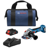Bosch GWS18V-8 brushless angle grinder, CORE18V battery, charger and bag.