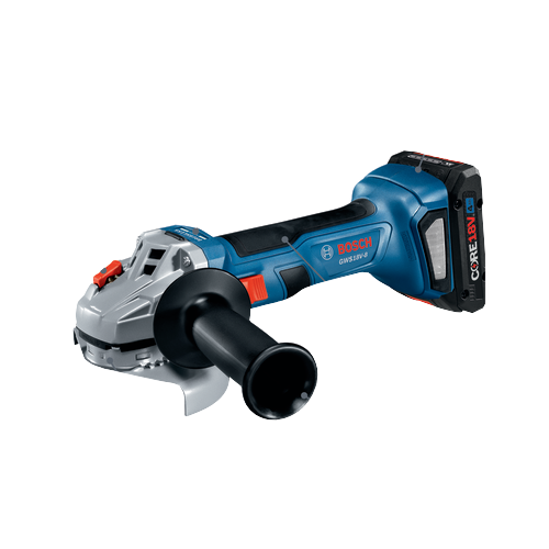 Bosch GWS18V-8 grinder, with features including Spindle Lock, Soft-Start Technology, Restart Protection, Overload Protection, Updated Gearhead Mounting Collar, and Two-Position Side Handle.
