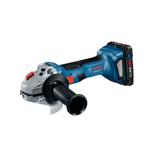 Bosch GWS18V-8 grinder, with features including Spindle Lock, Soft-Start Technology, Restart Protection, Overload Protection, Updated Gearhead Mounting Collar, and Two-Position Side Handle.