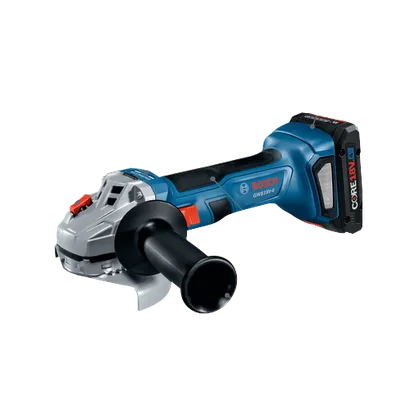 Bosch GWS18V-8 grinder, with features including Spindle Lock, Soft-Start Technology, Restart Protection, Overload Protection, Updated Gearhead Mounting Collar, and Two-Position Side Handle.