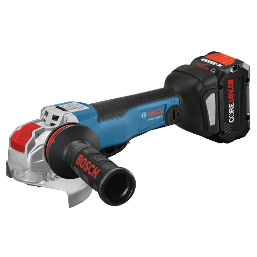 Bosch GWX18V-50PC HD angle grinder, CORE18V 8 Ah battery.