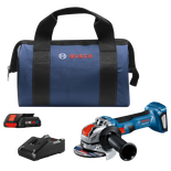 Bosch GWX18V-8 cordless grinder, Bosch CORE 18V 4 Ah battery, charger, and a blue bag with the Bosch logo.