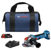 Bosch GWX18V-8 cordless grinder, Bosch CORE 18V 4 Ah battery, charger, and a blue bag with the Bosch logo.