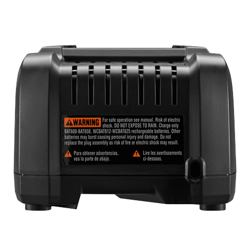 Bosch charger with 'WARNING' label; text includes 'DO NOT EXPOSE TO RAIN', BAT600-BAT650, WCBAT612-WCBAT625, and safety warnings in English, Spanish, and French.